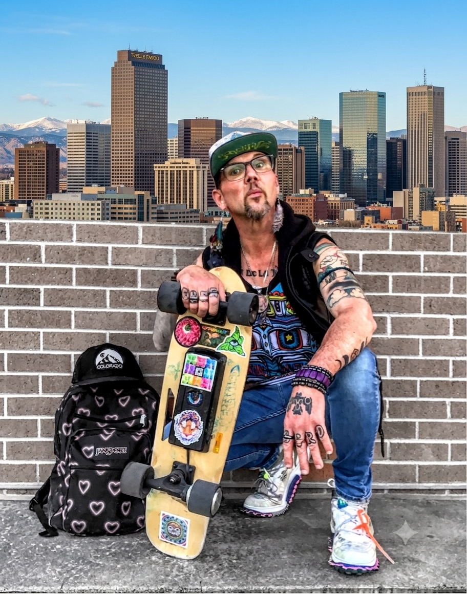Freebird Astro-Naughty with skateboard, Denver skyline